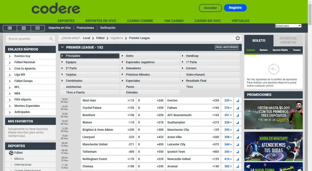 Pantalla con cuotas Codere vs Betano
