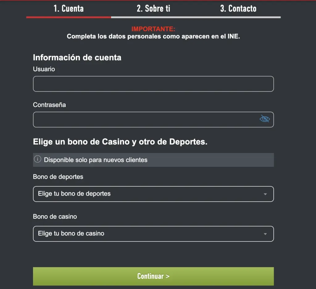 Pantalla de registro enseñando cómo puedes poner un código en Sportium