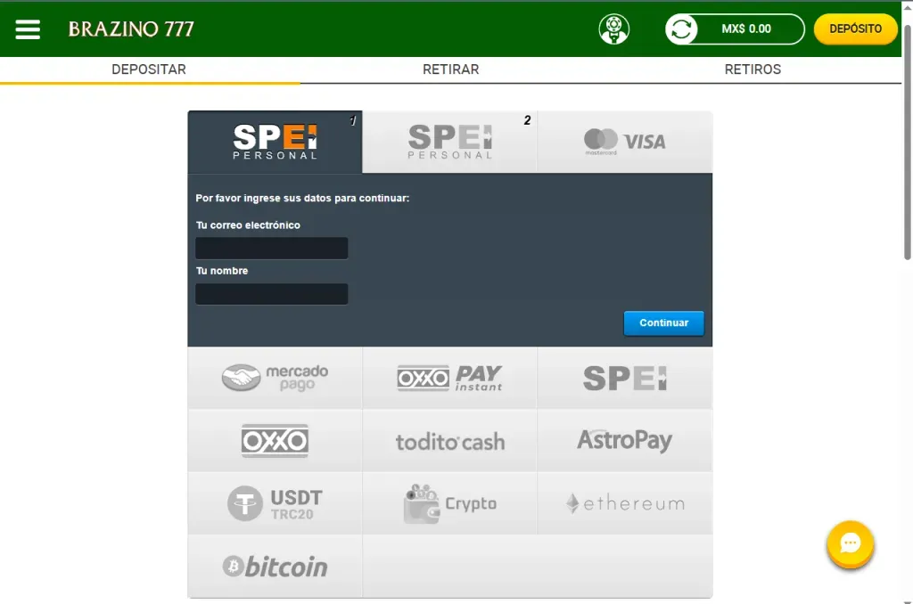 Métodos de pago Brazino777