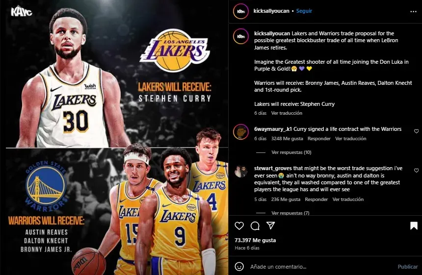 Propuesta de Curry a Lakers. (Foto: Instagram / @kicksallyoucan)