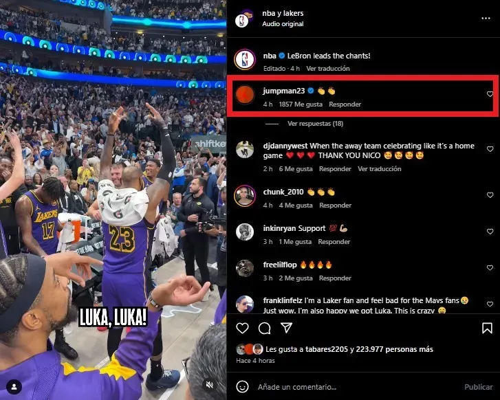 Comentario de Jordan por LeBron y Luka. (Foto: Instagram / @nba)