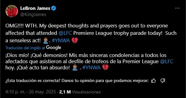 LeBron sobre el incidente de los hinchas de Liverpool