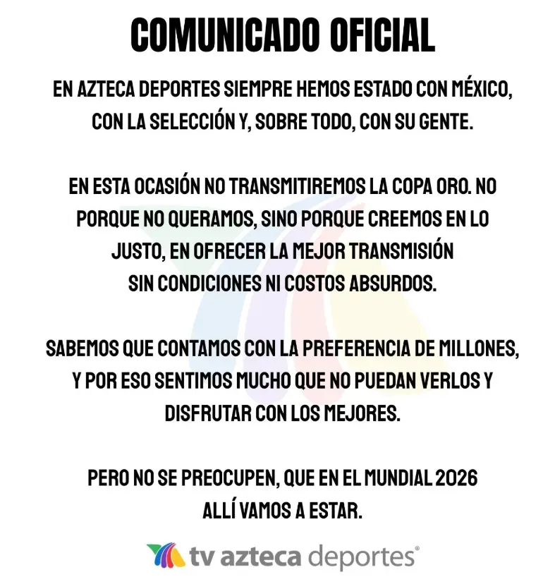El comunicado de TV Azteca. (TV Azteca oficial)
