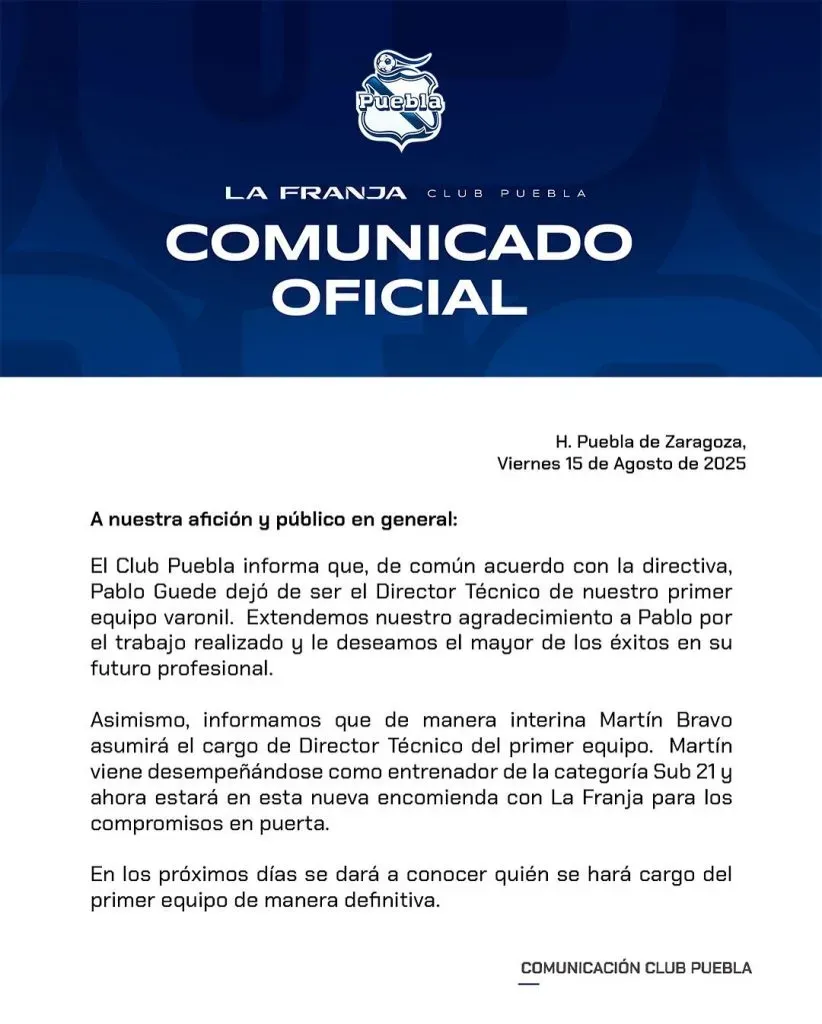 El comunicado de Puebla anunciando a Martín Bravo como entrenador interino. (Puebla oficial)
