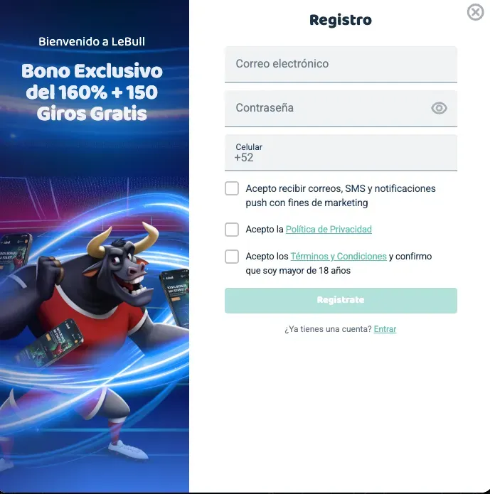 pantalla de registro de LeBull México