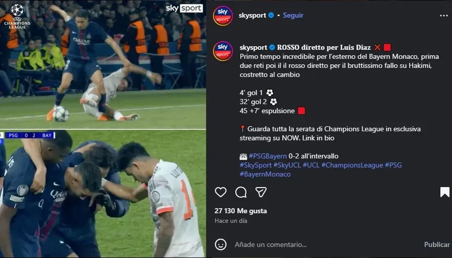 Gesto de Luis Díaz con Hakimi. (Foto: Instagram / @skyport)