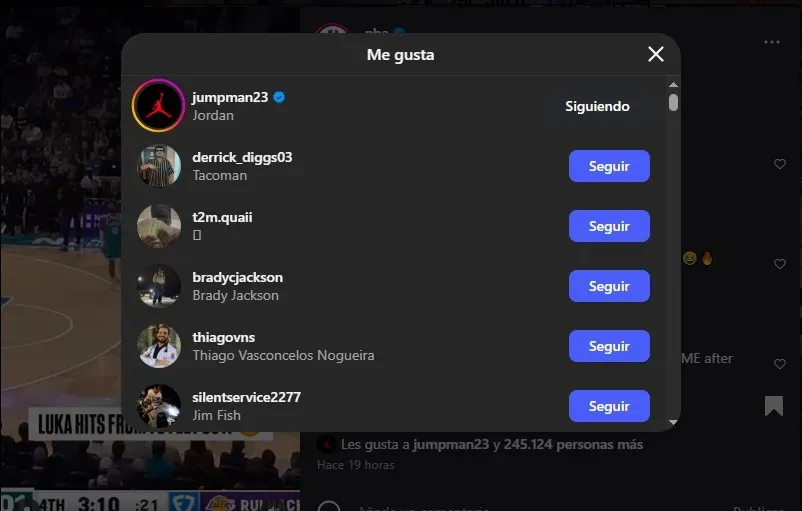 El ‘Me Gusta’ de Michael Jordan a la jugada de Doncic. (Foto: Instagram / @nba)