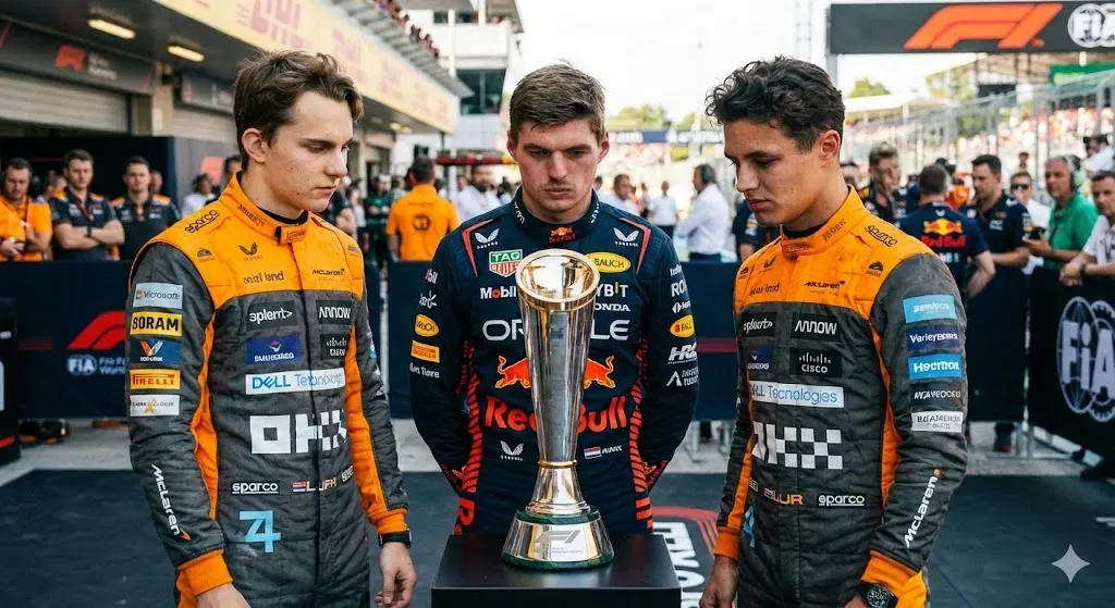 Piastri, Verstappen y Norris observando el título de la F1 (Imagen generada con la IA de Google Gemini)
