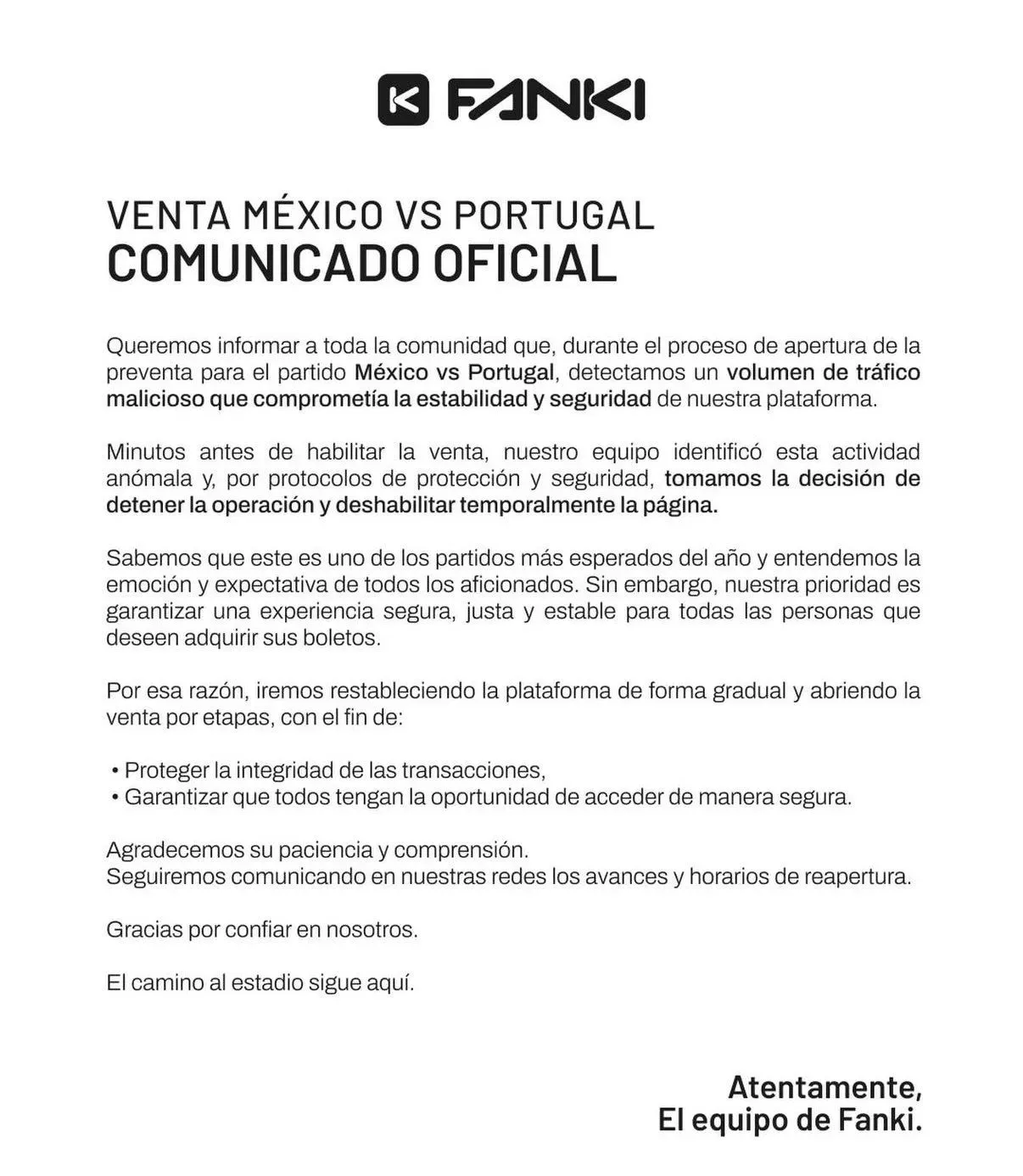 El comunicado oficial de la empresa de venta de entradas, Fanki. (X)