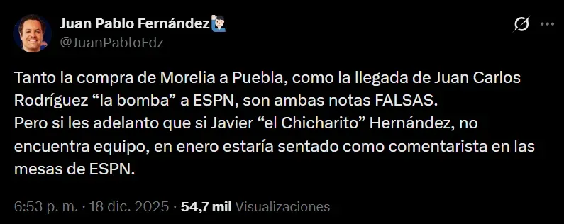 Posteo de Juan Pablo Fernández sobre Chicharito en X