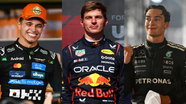 Lando Norris, Max Verstappen y George Russell (GETTY IMAGES)