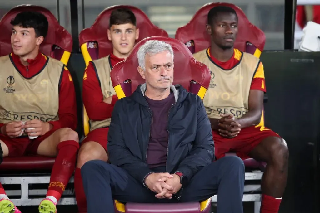 ROME, ITALY – MAY 11: Jose Mourinho, Head Coach of AS Roma, looks on prior to the UEFA Europa League semi-final first leg match between AS Roma and Bayer 04 Leverkusen at Stadio Olimpico on May 11, 2023 in Rome, Italy. (Photo by Paolo Bruno/Getty Images)