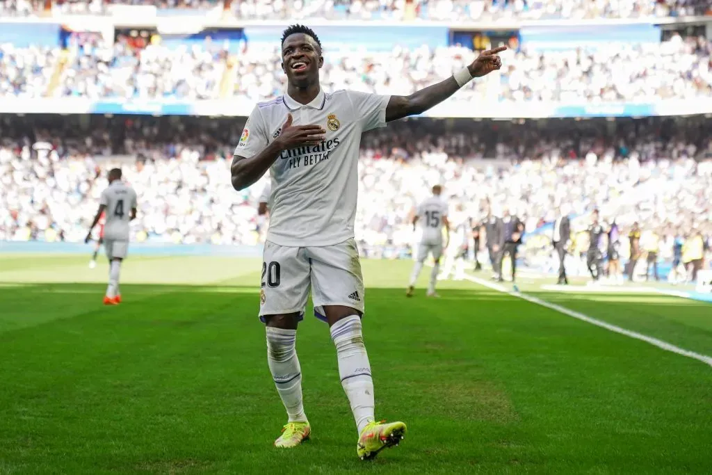 MADRID, SPAIN – SEPTEMBER 11: Vinicius Junior of Real Madrid CF celebrates after scoring their side’s second goal during the LaLiga Santander match between Real Madrid CF and RCD Mallorca at Estadio Santiago Bernabeu on September 11, 2022 in Madrid, Spain. (Photo by Angel Martinez/Getty Images)