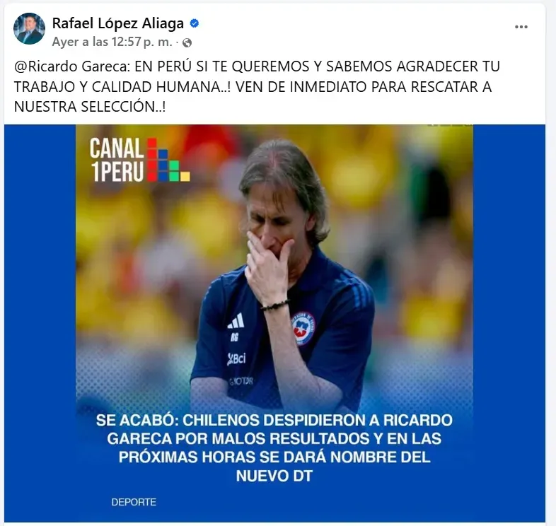 Rafael López Aliaga, alcalde de Lima, pidió el regreso de Ricardo Gareca a Perú. (Foto: Facebook)