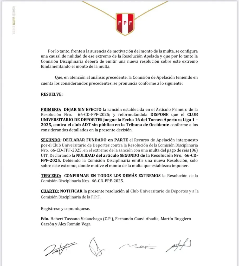 La resolución del Tribunal de Apelaciones contra Universitario (FPF).