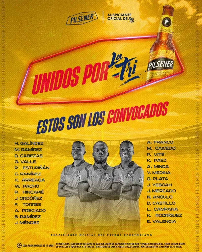 La lista oficial de Ecuador para enfrentar a Brasil y Ecuador.