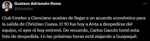 Christian Cueva deja Cienciano (Foto: X @Gusadro).