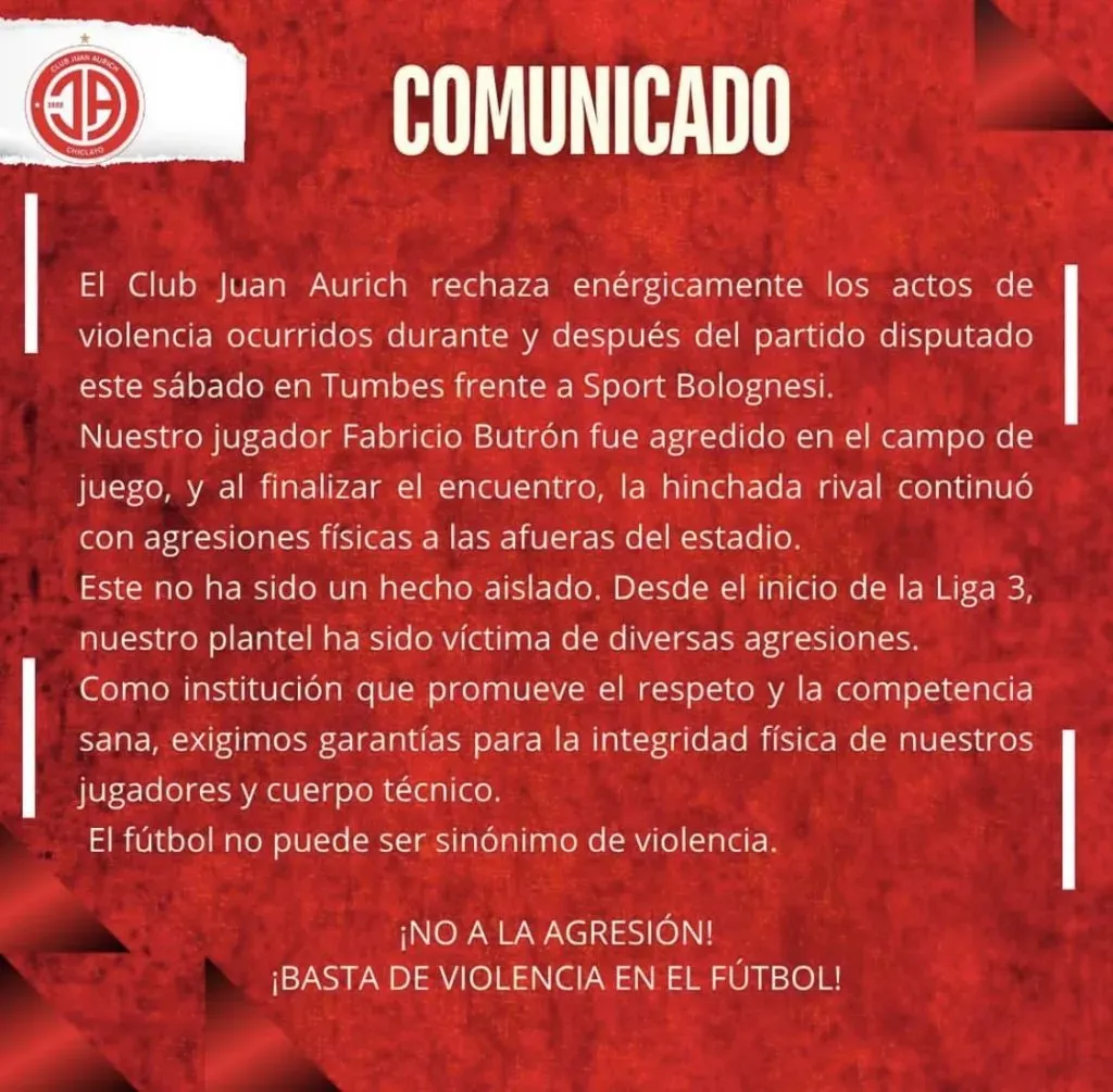 Comunicado de Juan Aurich (Juan Aurich).