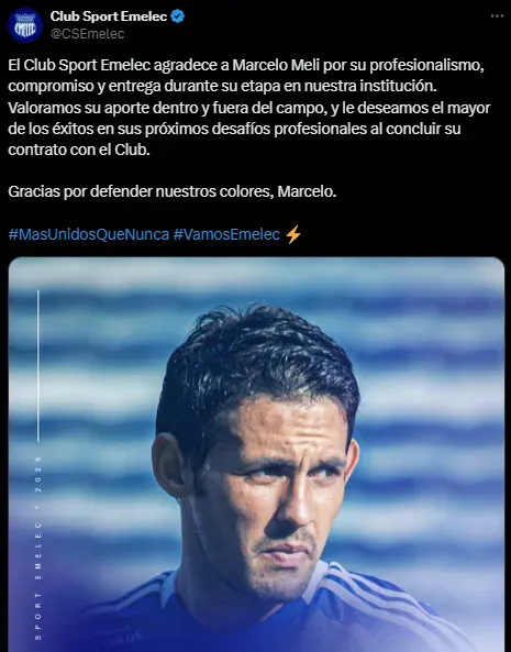 El mensaje de despedida de Emelec para Meli (X @CSEmelec).