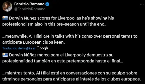 Darwin Núñez, pretendido por Al Hilal (X @FabrizioRomano).