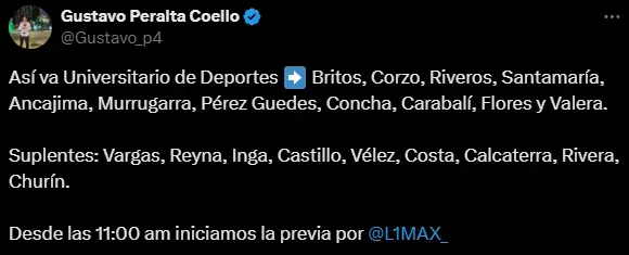 La alineación de Universitario para jugar ante Sport Huancayo (X @Gustavo_p4).