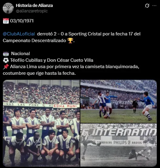 Alianza Lima usó por primera vez la camiseta blanquimorada en 1971 (X @alianzaretropic).