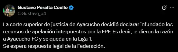 La Justicia le dio la razón a Ayacucho FC (X @Gustavo_p4).
