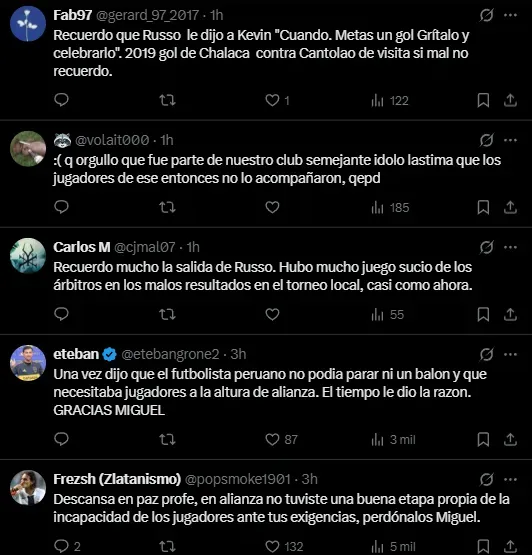 Comentarios de hinchas de Alianza Lima por la muerte de Russo (X @ClubALoficial).