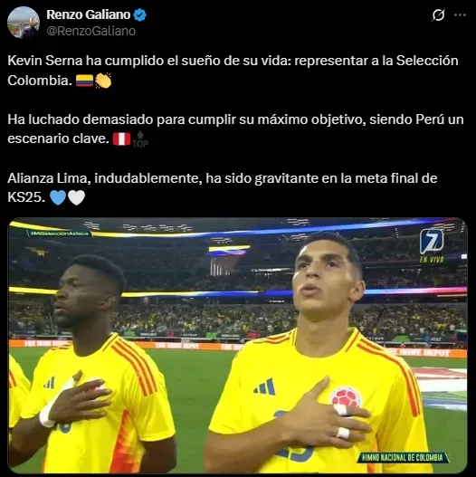 Kevin Serna tuvo su debut con Colombia y Alianza Lima fue clave (X @RenzoGaliano).