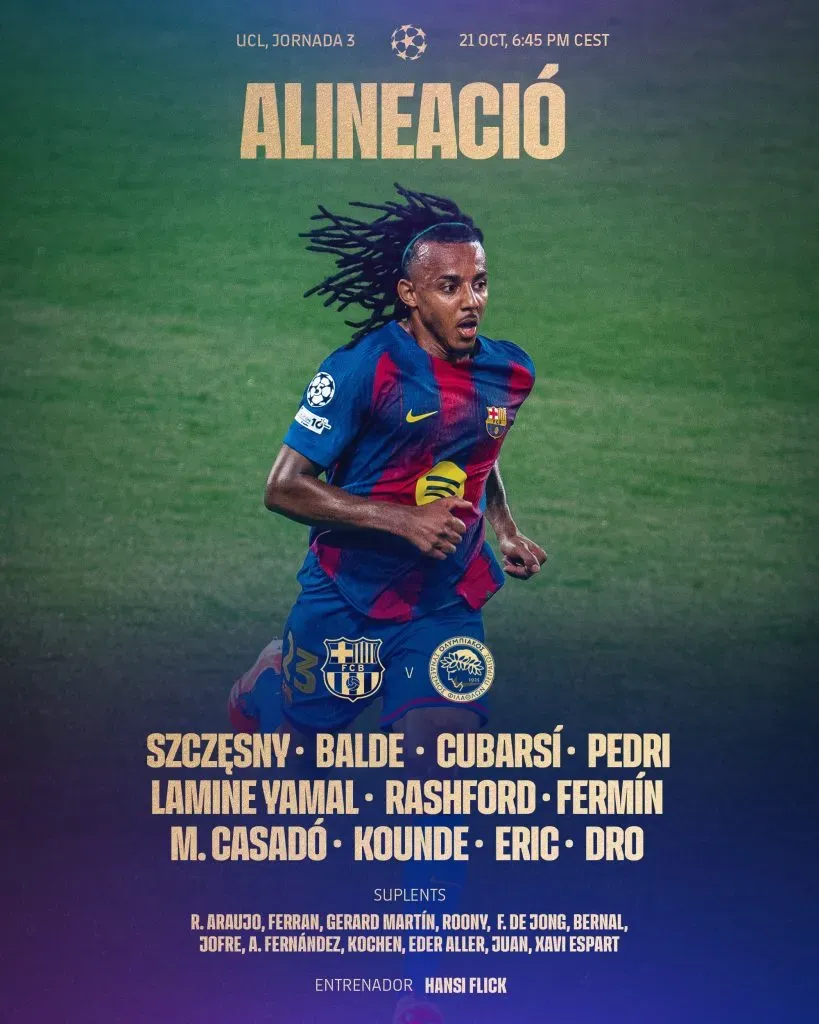 Alineación del Barcelona ante Olympiacos (X @FCBarcelona_es).