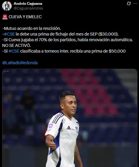 Los detalles de la rescisión de Cueva con Emelec (X @CaguanaAndres).