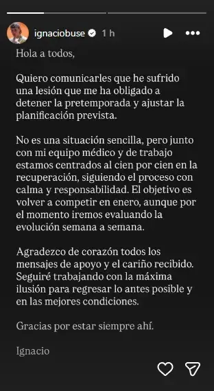 El comunicado de Ignacio Buse en sus redes sociales (Instagram @ignaciobuse).