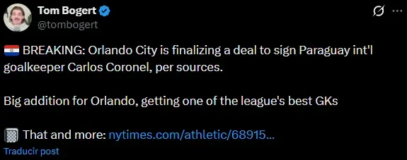 Carlos Coronel llegará a Orlando City (X @tombogert).
