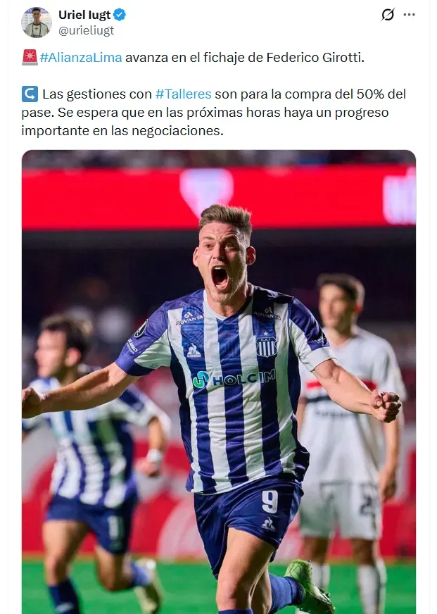 La condición de Talleres para que Girotti juegue en Alianza. (Foto: X)