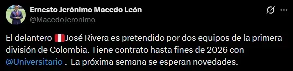 José Rivera podría dejar Universitario (Foto: X).