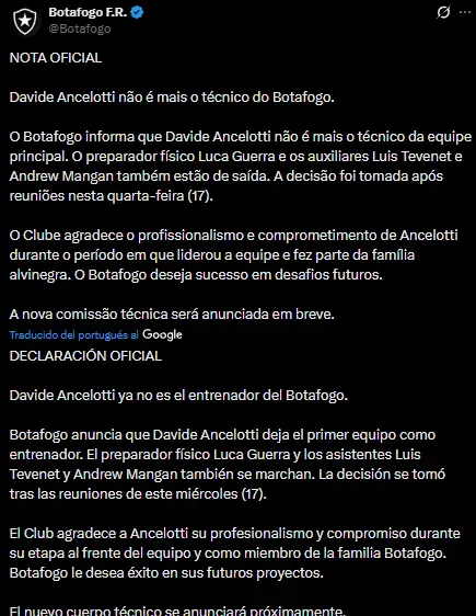 Botafogo anunció la salida de Davide Ancelotti (X @Botafogo).
