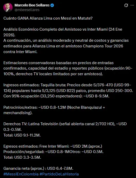 Ganancia de Alianza Lima por jugar con el Inter Miami (Foto: X Marcelo Bee).