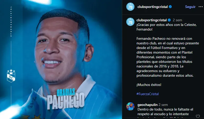 Fernando Pacheco no continúa en Sporting Cristal (Oficial).