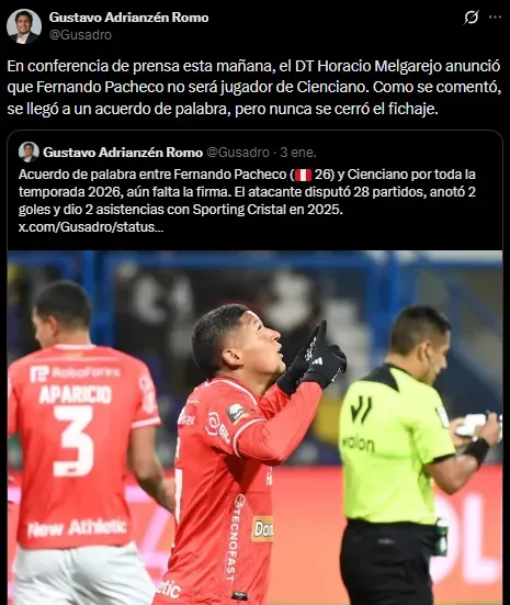 Melgarejo descartó a Pacheco para Cienciano (X @Gusadro).