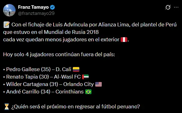 Cada vez menos jugadores peruanos en el exterior con respecto al plantel de Rusia 2018 (X @franztamayo29).