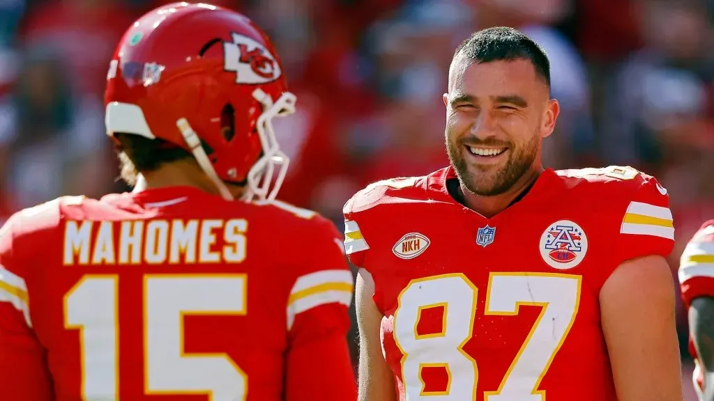 Travis Kelce #87 and Patrick Mahomes #15 of the Kansas City Chiefs.