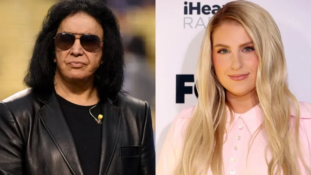 Gene Simmons makes his way on to the field to sing the National Anthem — Meghan Trainor attends the 2024 iHeartRadio Music Awards. (Source: Harry How/Getty Images — Jesse Grant/Getty Images for iHeartRadio)
