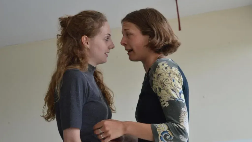 Helena Wilson, left, as Juliet and Emma D’Arcy as Romeo