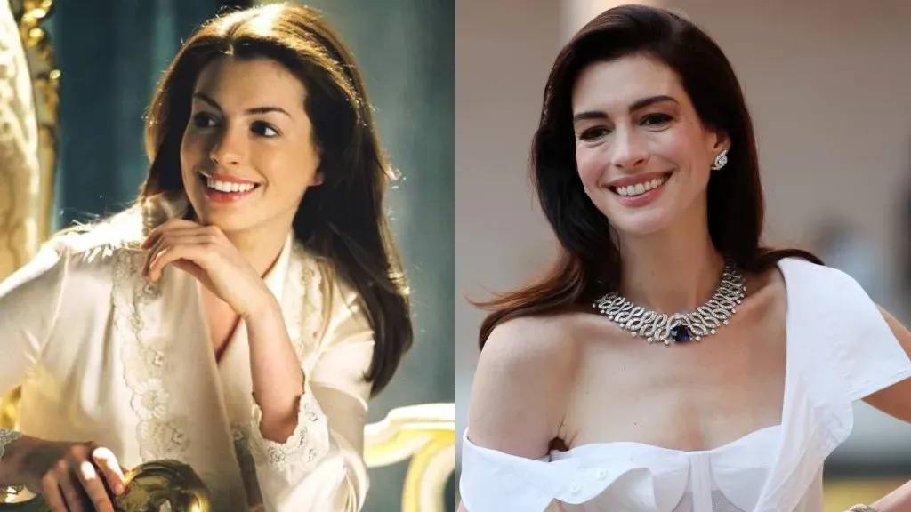 Anne Hathaway in 2004 and 2024. (Source: IMDb and Pietro S. D’Aprano/Getty Images for Bulgari)