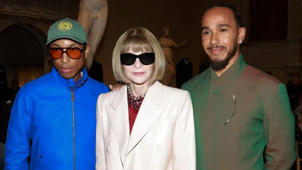Pharrell Williams, Anna Wintour and Lewis Hamilton attend the Costume Institute’s Spring 2025 Exhibition press conference at Metropolitan Museum of Art on October 09, 2024. (Source: Jason Mendez/Getty Images)