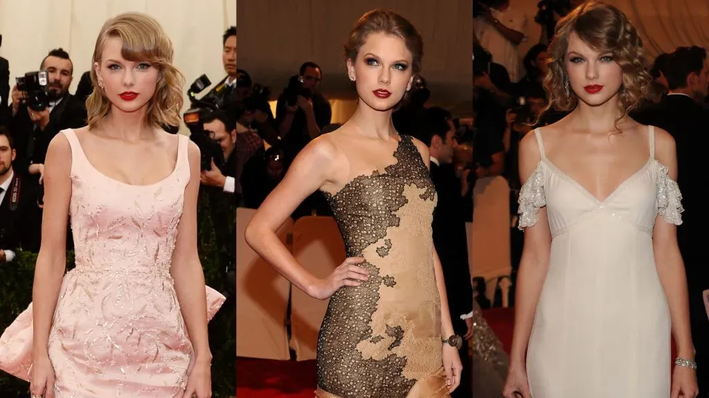 Taylor Swift at the “Charles James: Beyond Fashion” Met Gala in 2014, “Alexander McQueen: Savage Beauty” Met Gala in 2011 and “American Woman: Fashioning a National Identity” Met Gala in 2010. (Source: Dimitrios Kambouris/Getty Images — Larry Busacca/Getty Images)