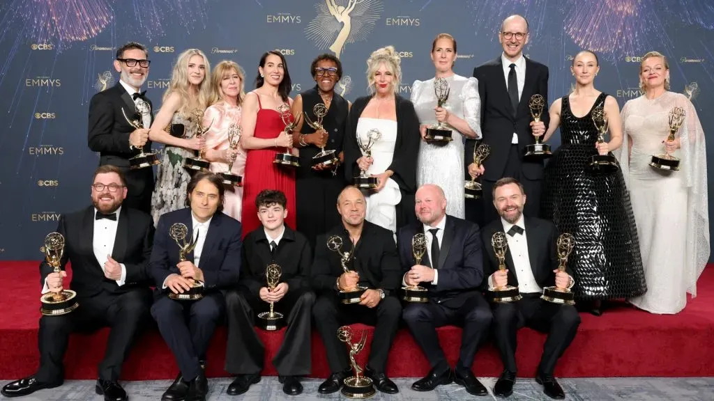 Stephen Graham, Owen Cooper, Erin Doherty, Christine Tremarco, Jack Thorne, Philip Barantini, Jeremy Kleiner, and cast and crew of “Adolescence,” winners of Outstanding Limited or Anthology Series, Outstanding Directing for a Limited or Anthology Series or Movie, Lead Actor in a Limited or Anthology Series or Movie, Outstanding Supporting Actor in a Limited or Anthology Series or Movie, Outstanding Supporting Actress in a Limited or Anthology Series or Movie, and Outstanding Writing for a Limited or Anthology Series or Movie, pose in the press room during the 77th Primetime Emmy Awards at Peacock Theater on September 14, 2025 in Los Angeles, California. (Photo by Amy Sussman/Getty Images)