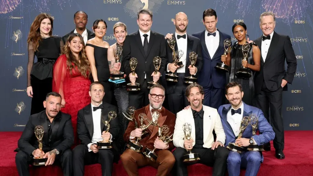 Bryan Cranston, Kathryn Hahn, Seth Rogen, Dewayne Perkins, Chase Sui Wonders, Ike Barinholtz, Keyla Monterroso Mejia, Evan Goldberg, Peter Huyck, Alex Gregory, Frida Perez and cast and crew of “The Studio,” winners of Outstanding Comedy Series, Outstanding Writing For a Comedy Series, Lead Actor in a Comedy Series, and Outstanding Guest Actor in a Comedy Series, pose in the press room during the 77th Primetime Emmy Awards at Peacock Theater on September 14, 2025 in Los Angeles, California. (Photo by Amy Sussman/Getty Images)