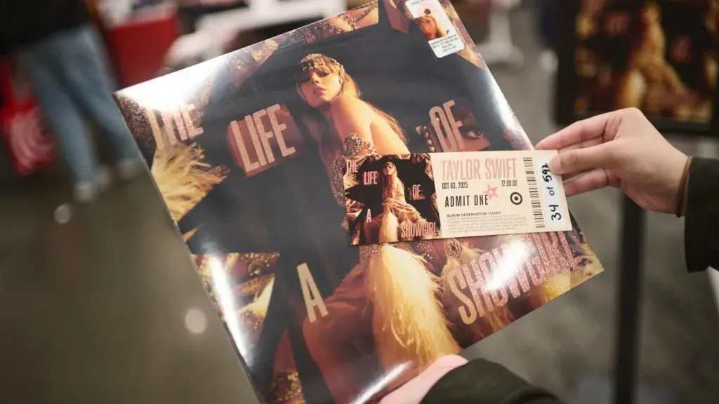 An exclusive edition vinyl of Taylor Swift’s new album, “Life of a Showgirl” is seen at Target on October 02, 2025 in New York City. (Photo by Valerie Terranova/Getty Images)