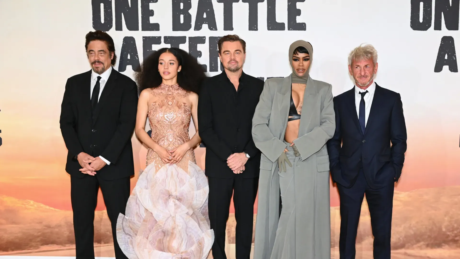 (L-R) Benicio del Toro, Chase Infiniti, Leonardo DiCaprio, Teyana Taylor and Sean Penn attend the “One Battle After Another” Premiere at Odeon Luxe Leicester Square on September 16, 2025 in London, England. (Photo by Joe Maher/Getty Images)
